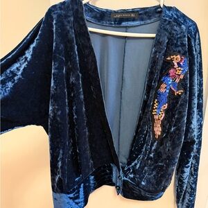 ZARA Blue Velvet Women's Cardigan Buttons Embellished Parrot Bird Design